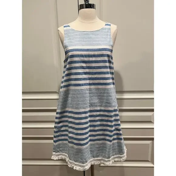 🔥SALE Vineyard Vines Dress Striped fringed Linen Cotton A-line shift sz 8 lined - Picture 1 of 7